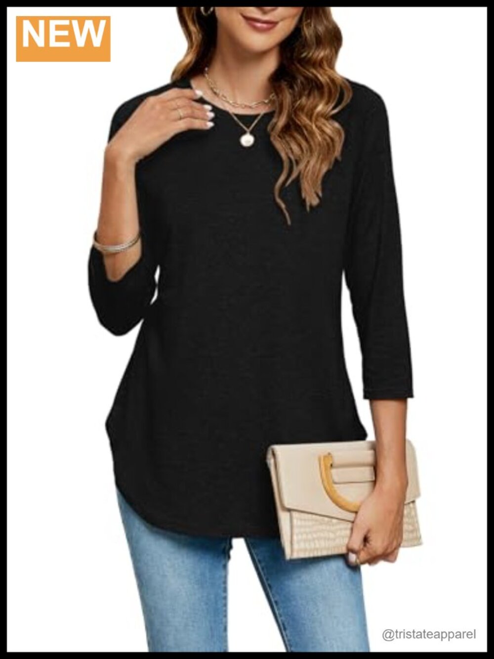Womens 3/4 Sleeve Tunic Top Loose Fit Round Neck Basic Casual Shirt